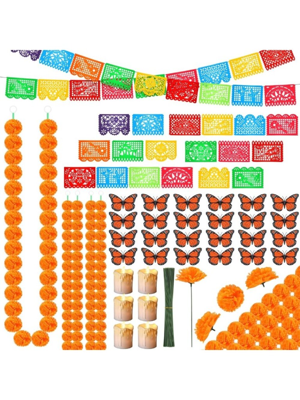 236 Pcs Day of the Dead Decor Set - Marigold Flowers, Butterflies, Candles